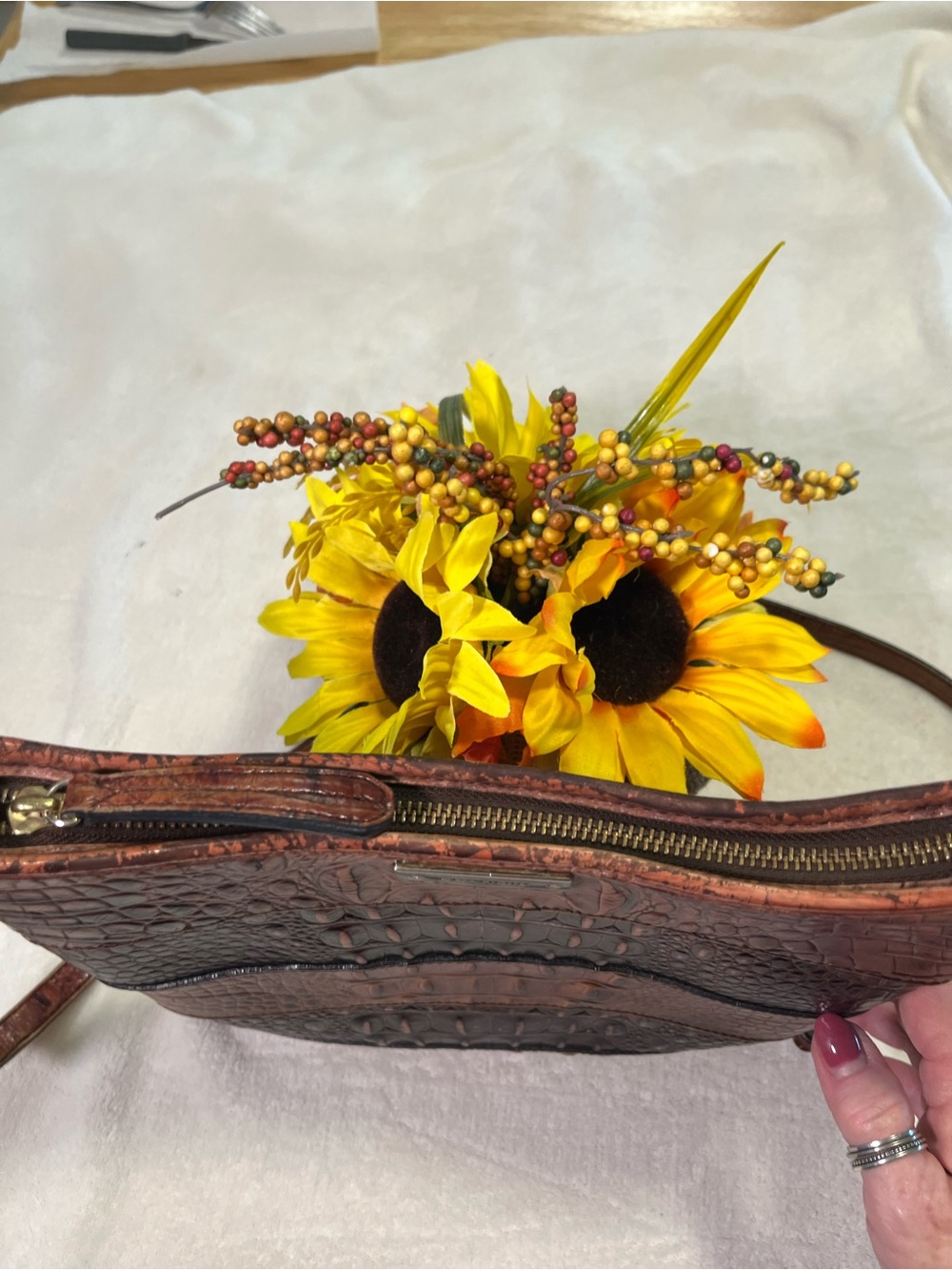 Brahmin Croc Embossed Leather Shoulder/Crossbody Bag Brown Multi - Picture 12 of 13